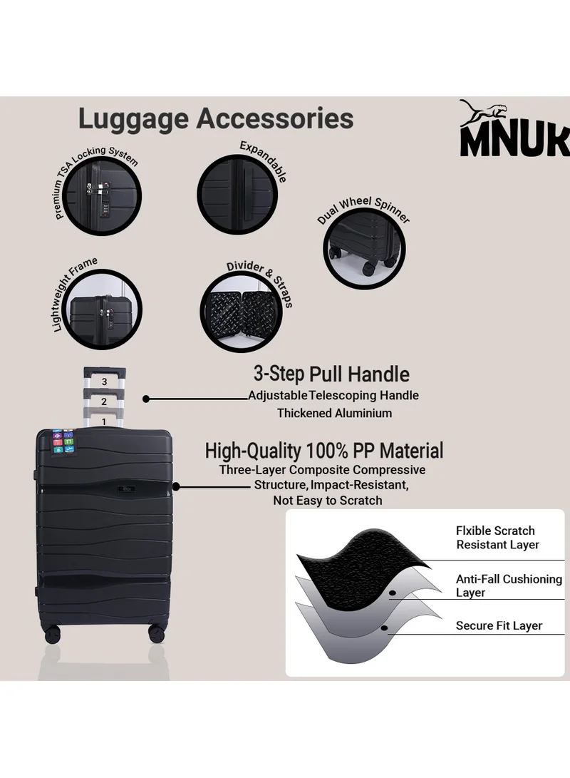 MNUK Viajero Set of 3 Luggage | PP Material Hard-side Smooth and Comfortable Luggage Trolley with TSA Lock | Double 360° 4 Wheeler| Cabin, Medium, Large| Black