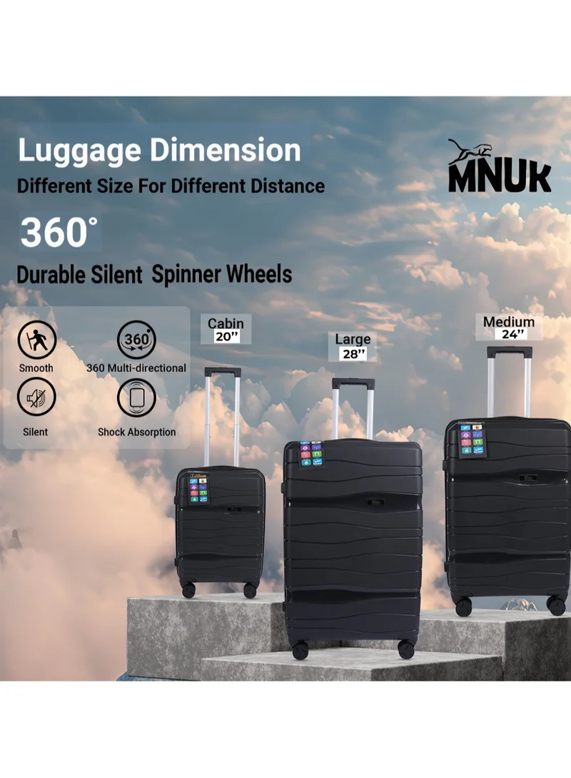MNUK Viajero Set of 3 Luggage | PP Material Hard-side Smooth and Comfortable Luggage Trolley with TSA Lock | Double 360° 4 Wheeler| Cabin, Medium, Large| Black