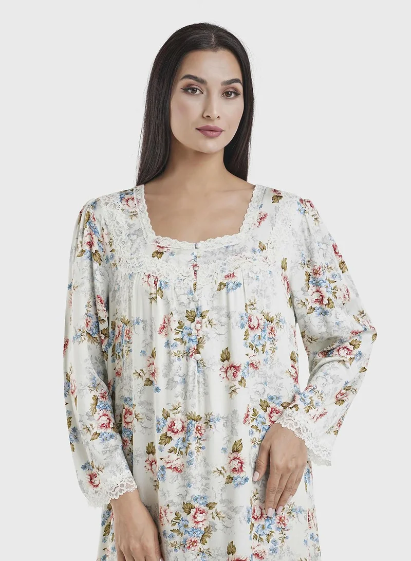 كشخة Pastel Blue Viscose Floral Print Nightwear Dress (CNH444)