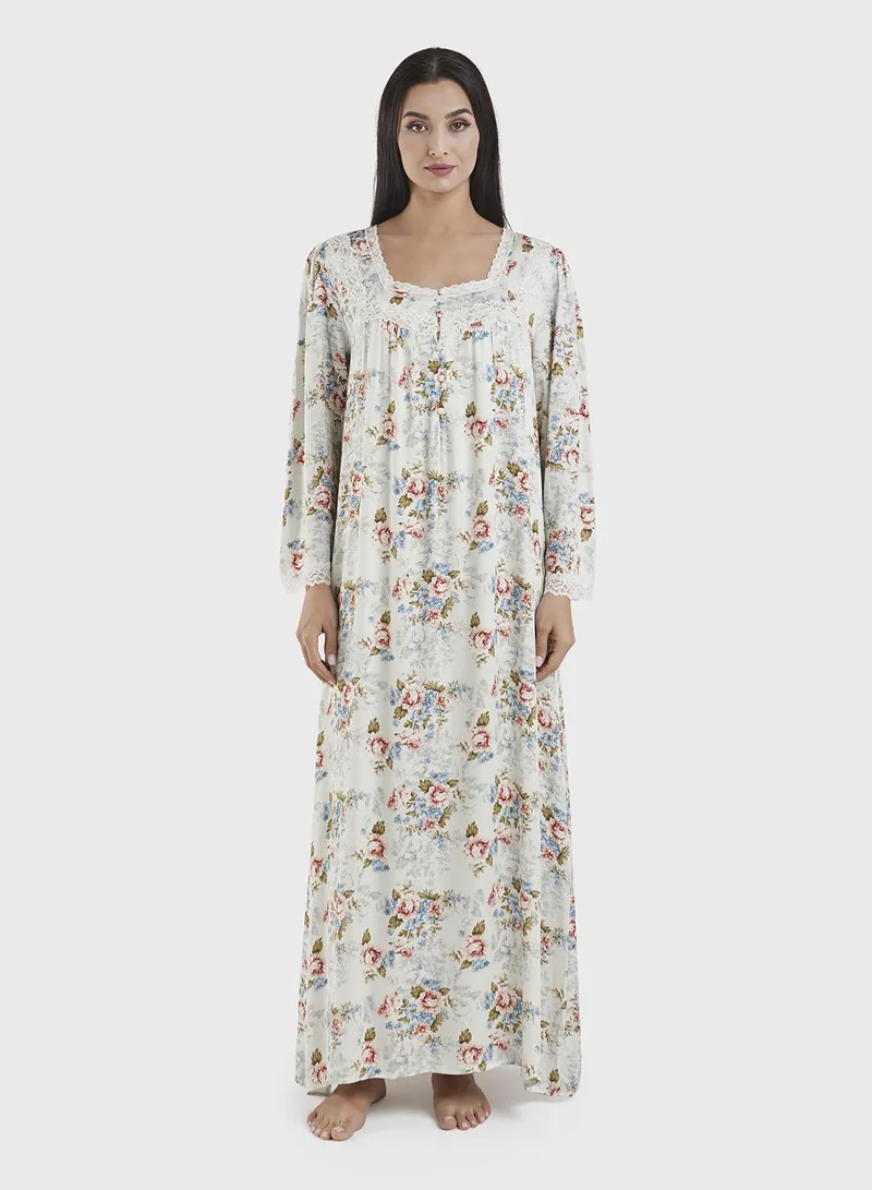 كشخة Pastel Blue Viscose Floral Print Nightwear Dress (CNH444)