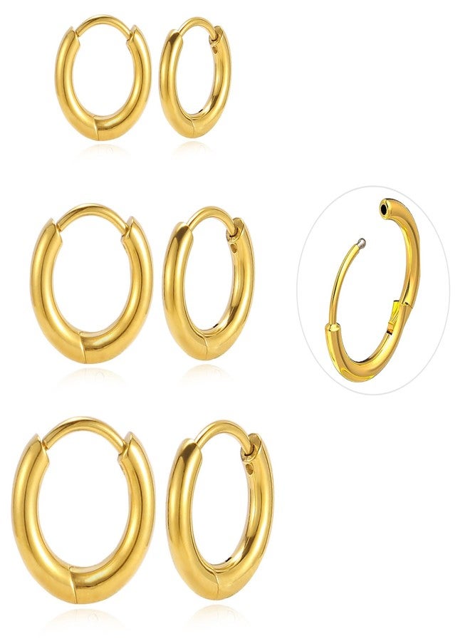 BLISI 3 Pairs ASTM F136 Titanium Gold Hoop Earrings 8mm/10mm/12mm Thick Lightweight Huggie Hoops Earrings for Women and Men Hypoallergenic Sleeper Earrings for Sensitive Ears - Image 1