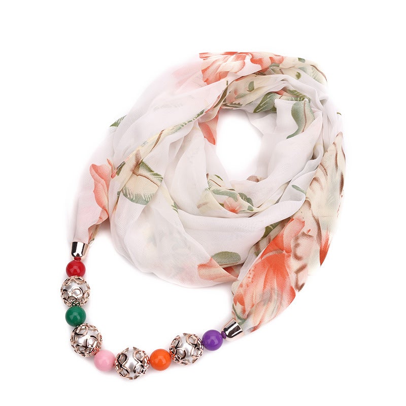 Beaded Pendant Scarf Clothing Printed Chiffon Necklace Scarf Neck Set - Image 1