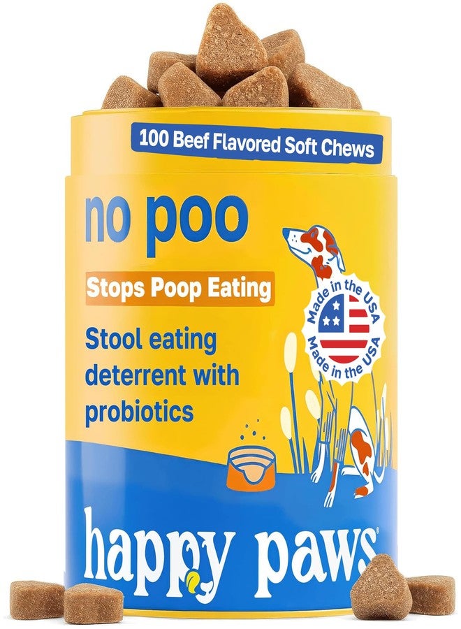 Happy Paws No Poo Chews for Dogs, Poop Eating Coprophagia Deterrent, Soft Chews for Dogs with Pumpkin, Probiotics & Enzyme Blend for Digestive Health, Organic, Vegan, Non GMO, Beef Flavor, 100 Count - Image 1