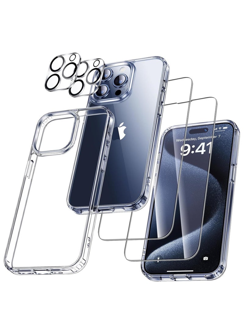 إلترازون عنوان باللغة العربية: "تصميم متعدد الوظائف لحافظة iPhone 15 Pro Max [لا تصفر] مع حامي شاشة زجاجي مقوى 2 قطعة + حامي عدسة الكاميرا 2 قطعة، [حماية عسكرية الجودة] مضاد للصدمات، مضاد للخدش - شفاف" - Image 1