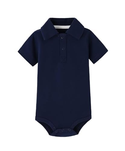 Teach Leanbh Baby Boys Pure Color Cotton Short Long Sleeve Polo Bodysuit 3-24 Months (Navy, 9 Months) - Image 1
