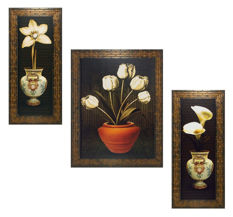 Indianara Set of 3 Floral Paintings (1687) Without Glass 5.2 X 12.5, 9.5 X 12.5, 5.2 X 12.5 INCH - Image 1