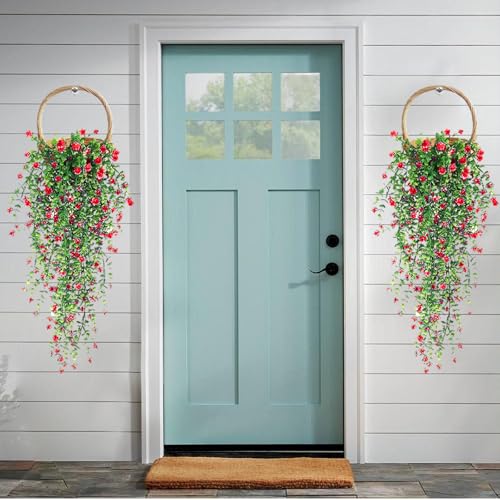 TORIHIKI Artificial Hanging Flowers, 3 Pcs Fake Hanging Plants Artificial Vines for Outdoors, Fake Ivy Vine UV Resistant No Fade Faux Plants for Indoor Outside Garden Patio Yard Greenery Decoration (Red) - Image 2