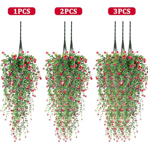 TORIHIKI Artificial Hanging Flowers, 3 Pcs Fake Hanging Plants Artificial Vines for Outdoors, Fake Ivy Vine UV Resistant No Fade Faux Plants for Indoor Outside Garden Patio Yard Greenery Decoration (Red) - Image 4