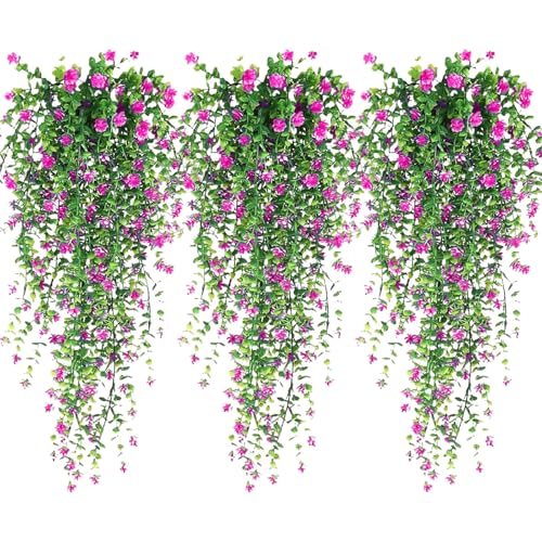 TORIHIKI Artificial Hanging Flowers, 3 Pcs Fake Hanging Plants Artificial Vines for Outdoors, Fake Ivy Vine UV Resistant No Fade Faux Plants for Indoor Outside Garden Patio Yard Greenery Decoration (Red) - Image 1