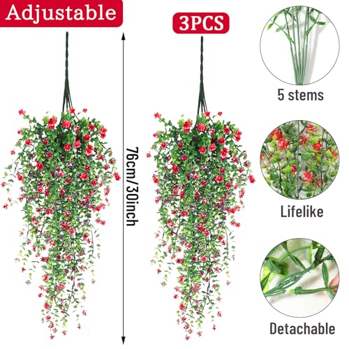 TORIHIKI Artificial Hanging Flowers, 3 Pcs Fake Hanging Plants Artificial Vines for Outdoors, Fake Ivy Vine UV Resistant No Fade Faux Plants for Indoor Outside Garden Patio Yard Greenery Decoration (Red) - Image 3