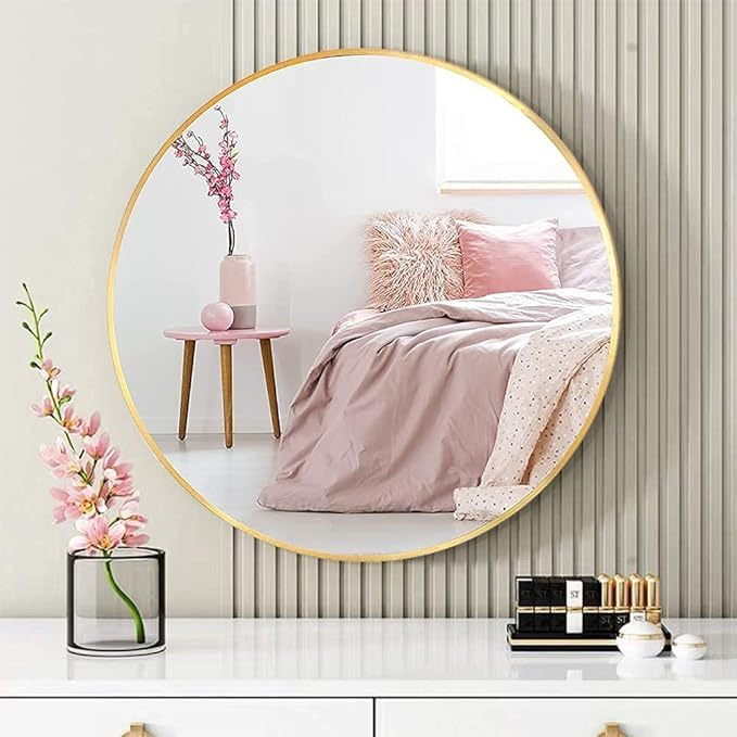 LUPPRA Iron Metal Decorative HD Clear Image Wall Mount Round Wall Mirror with Wall for Bedroom Home Decor wash Basin Vanity Makeup Bathroom Framed Gold24X24 INCH Gold - Image 1