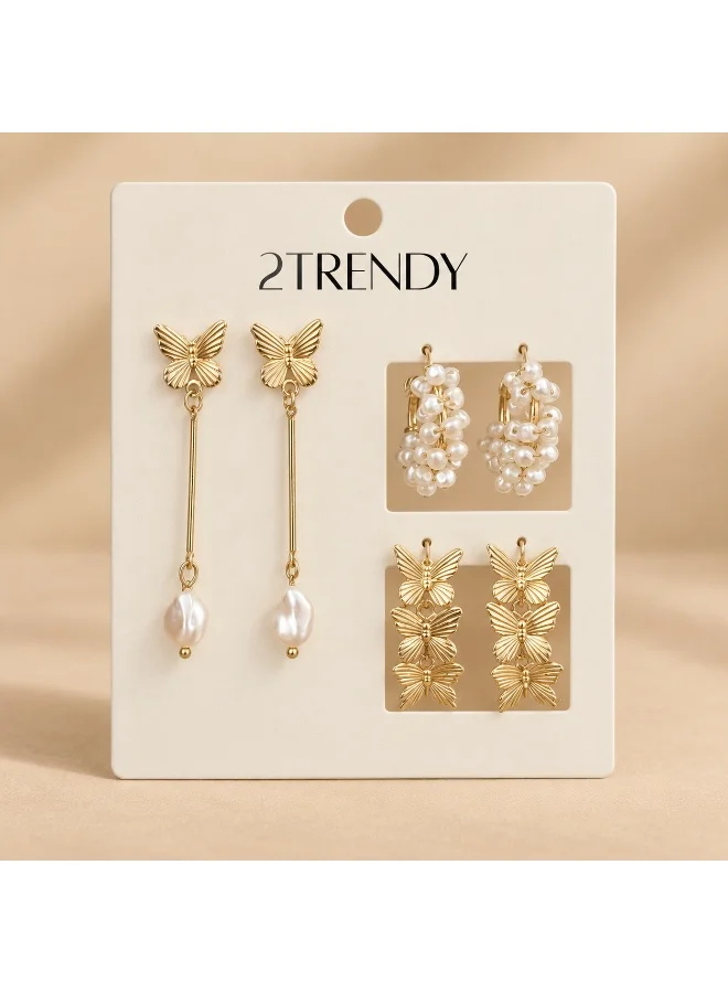 2Trendy Set of 3 Pairs Women's Gold Tone Butterfly and Pearl Drop Earrings
