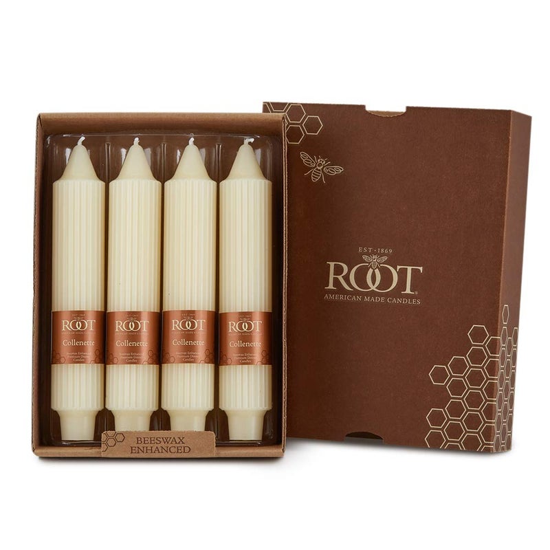 Root Candles 4Count Unscented Dinner Candles Dripless Beeswax Enhanced Grecian Collenette Boxed Candle Set 7Inch Ivory
