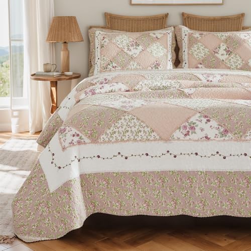 Brandream Queen Size Quilt Set Cotton Patchwork Quilts Pink Summer Cottage Floral Quilted Comforter Set 3Piece - Image 1