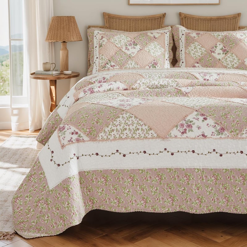 Brandream Queen Size Quilt Set Cotton Patchwork Quilts Pink Summer Cottage Floral Quilted Comforter Set 3Piece - Image 2