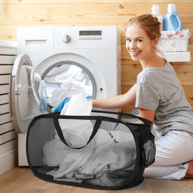 Bemkoo Durable Collapsible Laundry Baskets, Mesh Pop Up Laundry Hamper with Side Pocket, Foldable Clothes Storage Hamper with Reinforced Carry Handles for Laundry, Bathroom, Kids Room, Dorm or Travel Black - Image 2