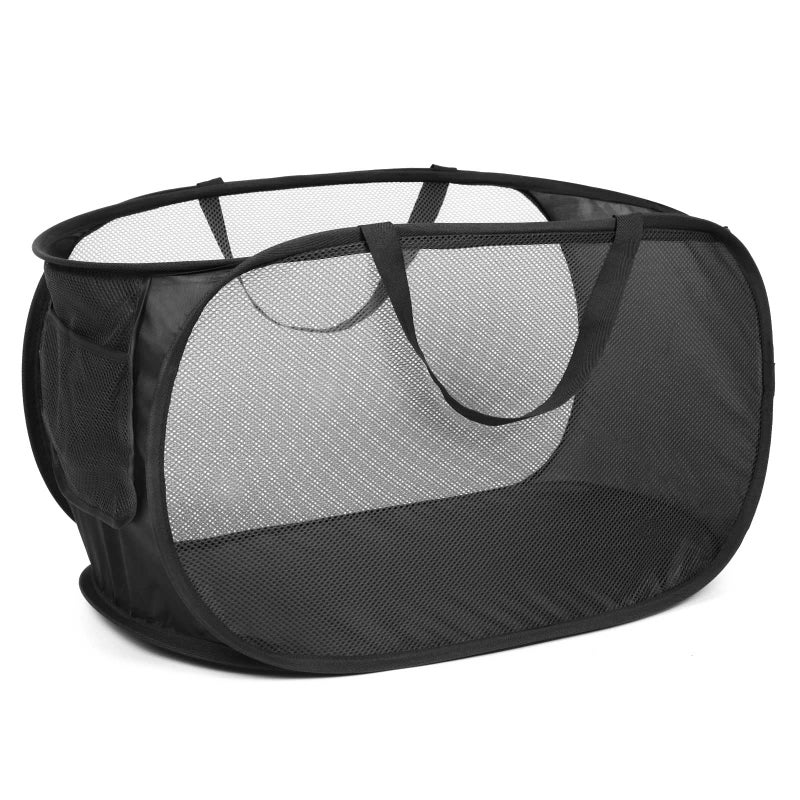Bemkoo Durable Collapsible Laundry Baskets, Mesh Pop Up Laundry Hamper with Side Pocket, Foldable Clothes Storage Hamper with Reinforced Carry Handles for Laundry, Bathroom, Kids Room, Dorm or Travel Black - Image 1