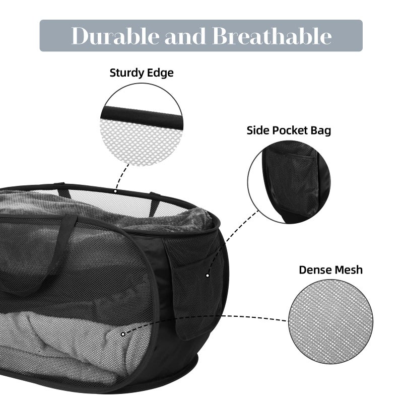 Bemkoo Durable Collapsible Laundry Baskets, Mesh Pop Up Laundry Hamper with Side Pocket, Foldable Clothes Storage Hamper with Reinforced Carry Handles for Laundry, Bathroom, Kids Room, Dorm or Travel Black - Image 4