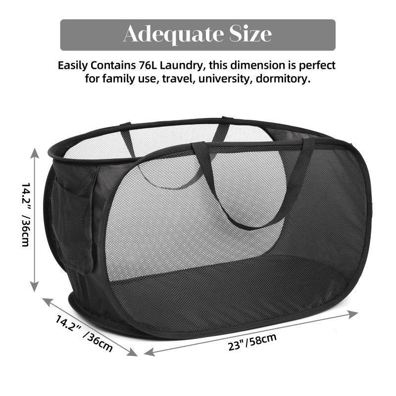 Bemkoo Durable Collapsible Laundry Baskets, Mesh Pop Up Laundry Hamper with Side Pocket, Foldable Clothes Storage Hamper with Reinforced Carry Handles for Laundry, Bathroom, Kids Room, Dorm or Travel Black - Image 3