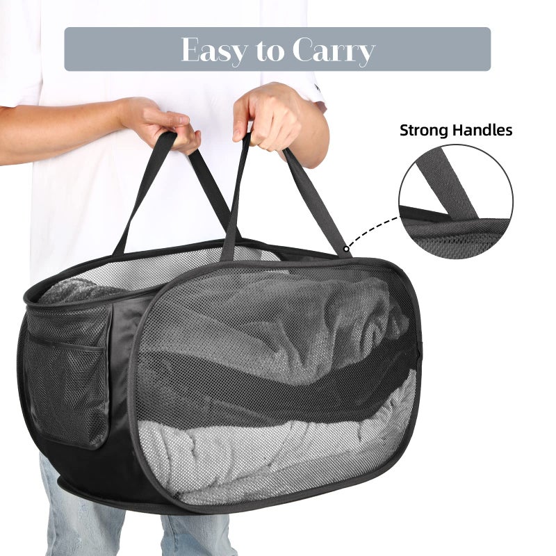 Bemkoo Durable Collapsible Laundry Baskets, Mesh Pop Up Laundry Hamper with Side Pocket, Foldable Clothes Storage Hamper with Reinforced Carry Handles for Laundry, Bathroom, Kids Room, Dorm or Travel Black - Image 5