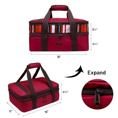 MIER Insulated Double Casserole Carrier Thermal Lunch Tote for Potluck Parties, Picnic, Beach, Fits 9 x 13 Inches Casserole Dish, Expandable by Mid Zipper, Burgundy - Image 2