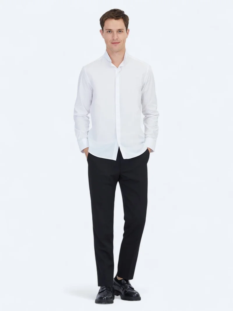 Kip White Regular Fit Long Weaving Classical 100% Cotton Shirt