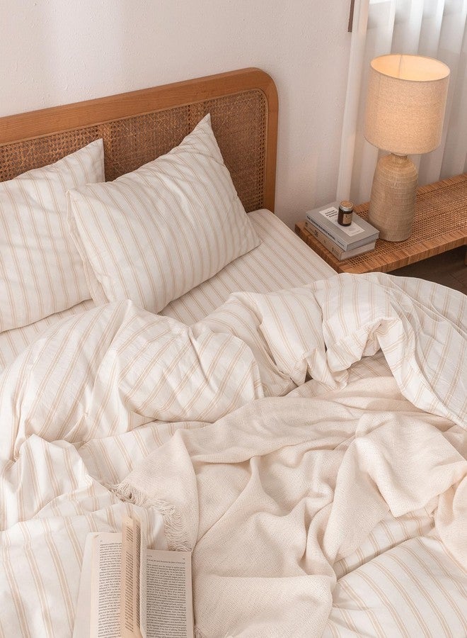 BESTOUCH Duvet Cover Set 100% Washed Cotton Linen Feel Super Soft Comfortable Chic Lightweight 3 PCs Home Bedding Set White & Almond Grey Stripes King - Image 2