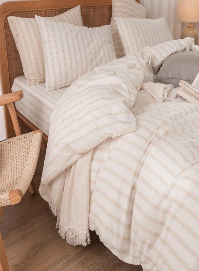 BESTOUCH Duvet Cover Set 100% Washed Cotton Linen Feel Super Soft Comfortable Chic Lightweight 3 PCs Home Bedding Set White & Almond Grey Stripes King - Image 5