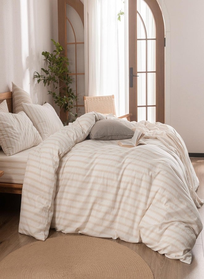 BESTOUCH Duvet Cover Set 100% Washed Cotton Linen Feel Super Soft Comfortable Chic Lightweight 3 PCs Home Bedding Set White & Almond Grey Stripes King - Image 3