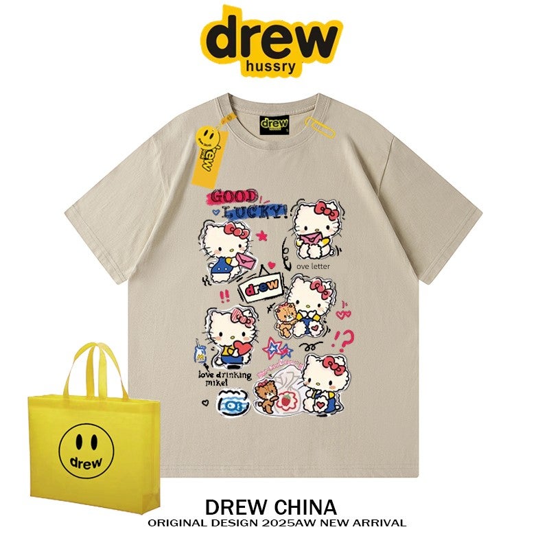 Drew American fashion brand KT cat cartoon graffiti print short-sleeved T-shirt men and women street loose couple top INS summer - Image 3