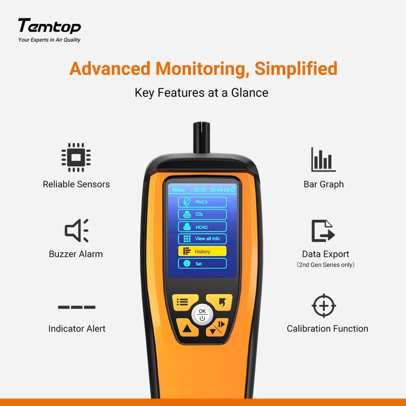 Temtop Temtop Air Quality Monitor CO2 Detector Professional Carbon Dioxide PM2.5 PM10 Formaldehyde Temperature and Humidity Monitor w/Audio Alarm Data Export (M2000 2nd)  - Image 4