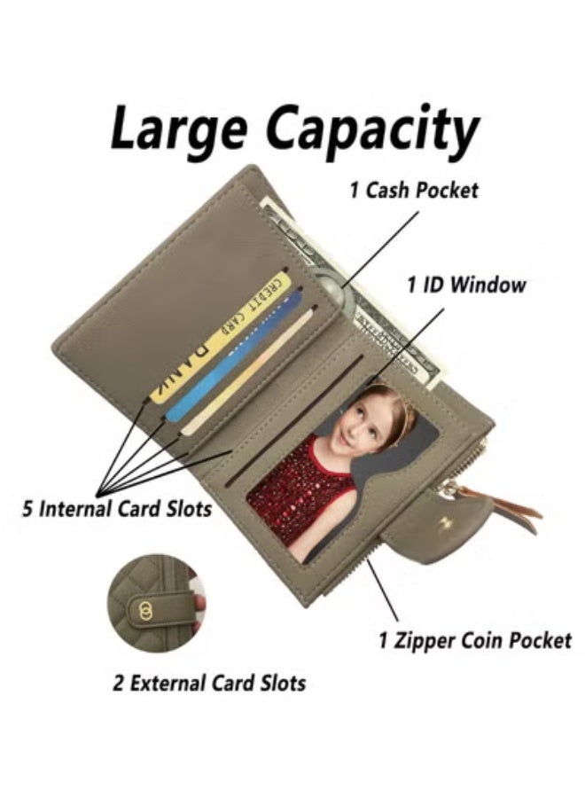 محفظة نسائية صغيرة ثنائية الطيات من الجلد الصناعي، حافظة بطاقات ائتمان مع سحاب ومحفظة عملات صغيرة بنافذة هوية - Image 3