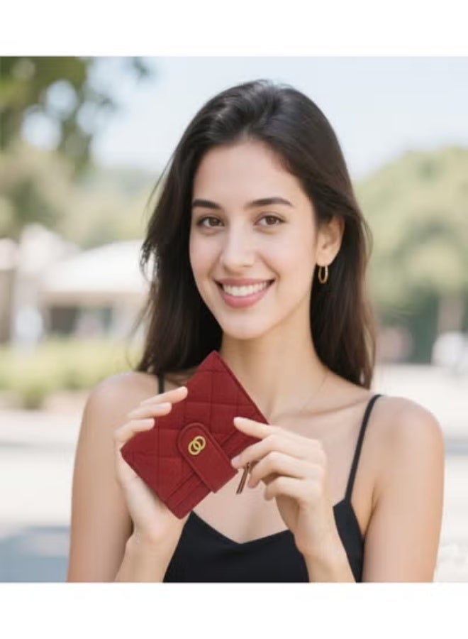 محفظة نسائية صغيرة ثنائية الطيات من الجلد الصناعي، حافظة بطاقات ائتمان مع سحاب ومحفظة عملات صغيرة بنافذة هوية - Image 4