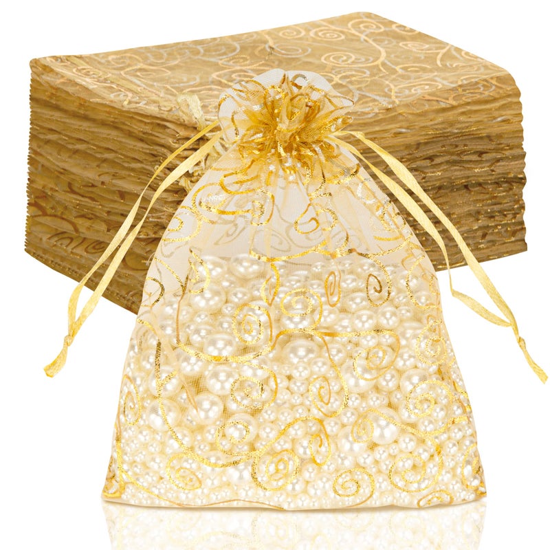 Staruby Organza Gift Bags 100Pcs Gold Sheer Organza Bag 5x7 Inch Mesh Favor Bags Drawstring Jewelry Rattan Printed Gift Pouches for Wedding Party Favors Couple Shower Christmas Gifts Candy Bags - Image 1