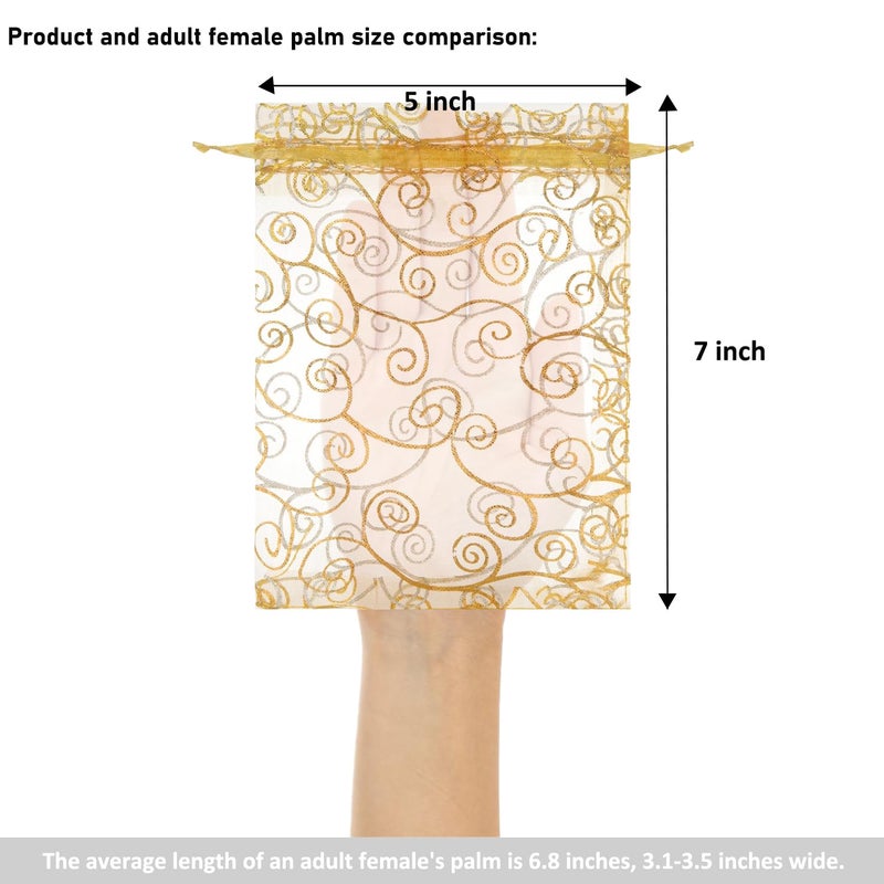 Staruby Organza Gift Bags 100Pcs Gold Sheer Organza Bag 5x7 Inch Mesh Favor Bags Drawstring Jewelry Rattan Printed Gift Pouches for Wedding Party Favors Couple Shower Christmas Gifts Candy Bags - Image 2