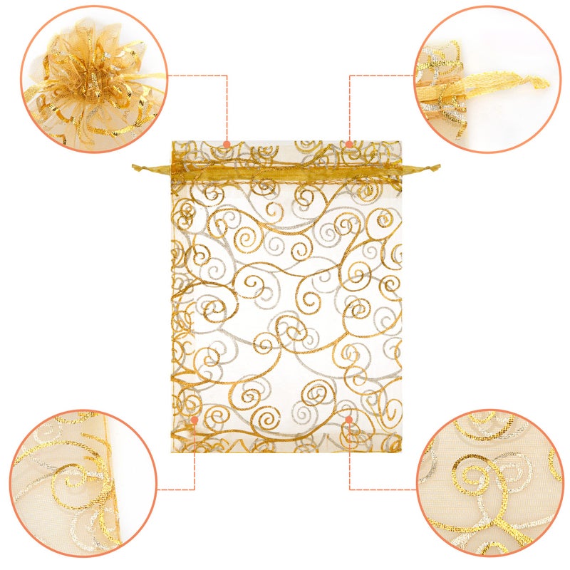 Staruby Organza Gift Bags 100Pcs Gold Sheer Organza Bag 5x7 Inch Mesh Favor Bags Drawstring Jewelry Rattan Printed Gift Pouches for Wedding Party Favors Couple Shower Christmas Gifts Candy Bags - Image 4