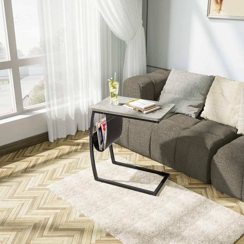 SRIWATANA Side End Tables Living Room, Vintage C-Shaped Laptop Table for Couch, Snack Table with Side Pocket, Light Grey - Image 2