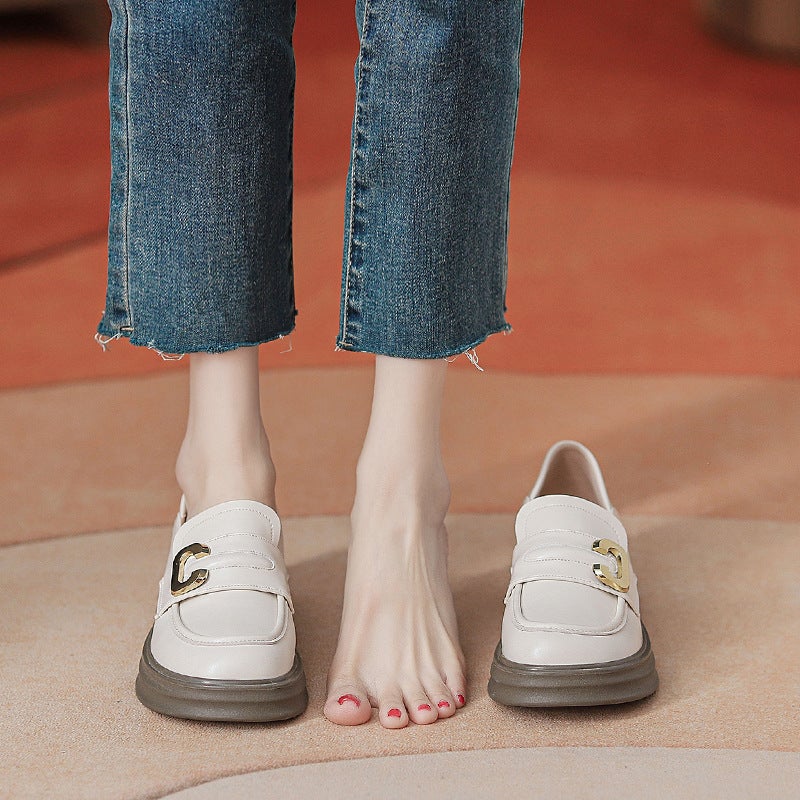 313233 Small Size Fleece-Lined Small Leather Shoes Women'S British Thick Bottom Small Height Increasing Slip-On Loafers - Image 3