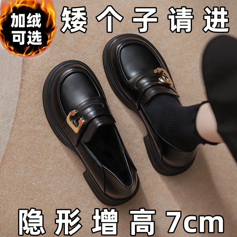 313233 Small Size Fleece-Lined Small Leather Shoes Women'S British Thick Bottom Small Height Increasing Slip-On Loafers - Image 2