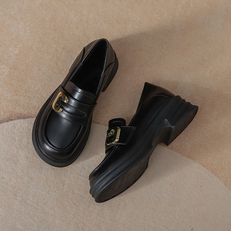 313233 Small Size Fleece-Lined Small Leather Shoes Women'S British Thick Bottom Small Height Increasing Slip-On Loafers - Image 1