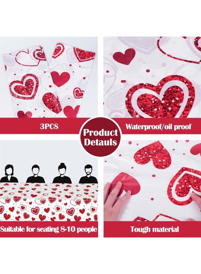 Blync 3 Pcs Valentines Tablecloths Red Love Heart Disposable Tablecloth，54 x 108 Inch Rectangular Plastic Decorations for Wedding Birthday Anniversary Party - Image 3
