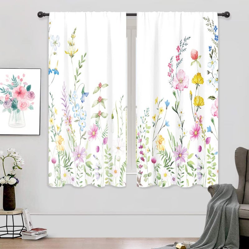 Riyidecor Watercolor Floral Curtains Wildflower Rod Pocket Colorful Flowers Leaves Plants Botanical Women Girls Blossom Spring Nature Rustic Bedroom Living Room Treatment Fabric 2 Panels 42 x 63 Inch