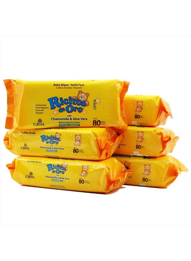 Ricitos de Oro - Baby Wipes, Chamomile and Aloe Vera Refillable Baby Wipes, Moisturize and Clean Baby, Lightly Scented, Hypoallergenic, Alcohol-Fee, 6-Pack of 80 wipes each one (480 wipes) - Image 1