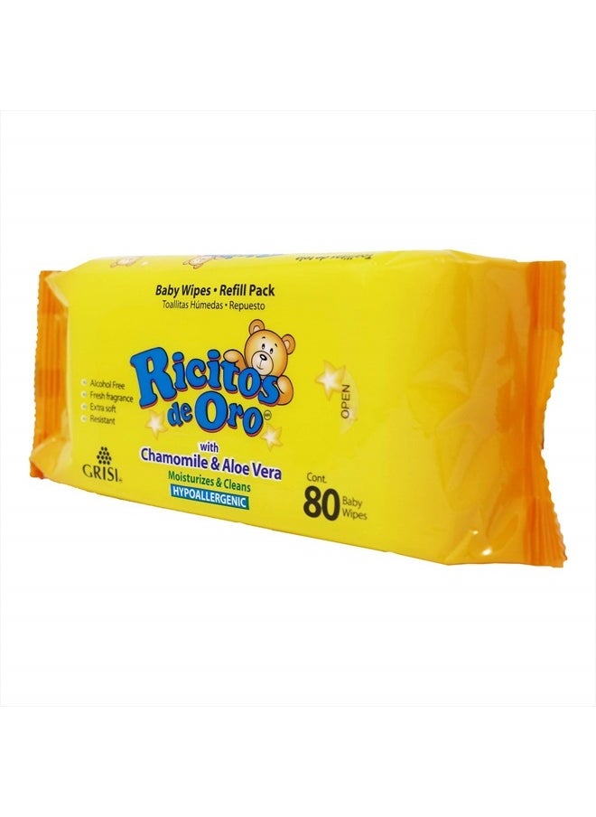 Ricitos de Oro - Baby Wipes, Chamomile and Aloe Vera Refillable Baby Wipes, Moisturize and Clean Baby, Lightly Scented, Hypoallergenic, Alcohol-Fee, 6-Pack of 80 wipes each one (480 wipes) - Image 1