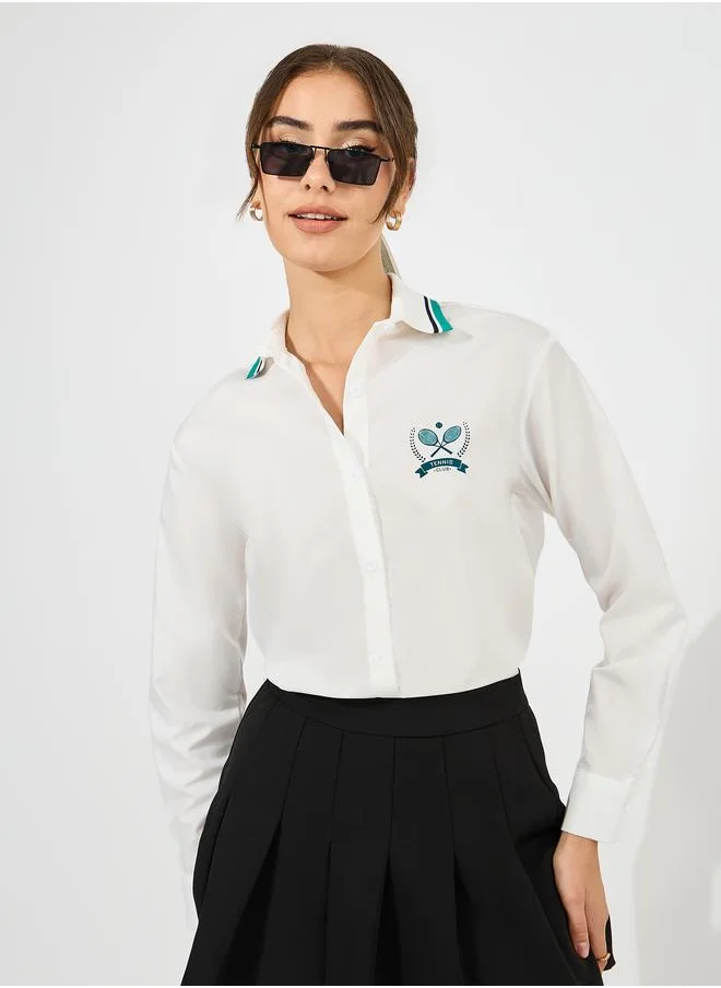 ستايلي Ribbed Collar Shirt with Minimal Print