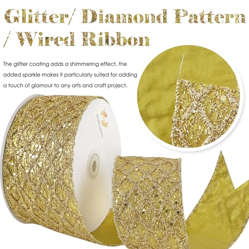 HUIHUANG Gold Glitter Wired Ribbon for Christmas Tree 25 inch Gold Diamond Mesh Ribbon for Tree Decoration Wreaths Garland Gift Wrapping Large Bows Making Home Decor 10 Yards - Image 3