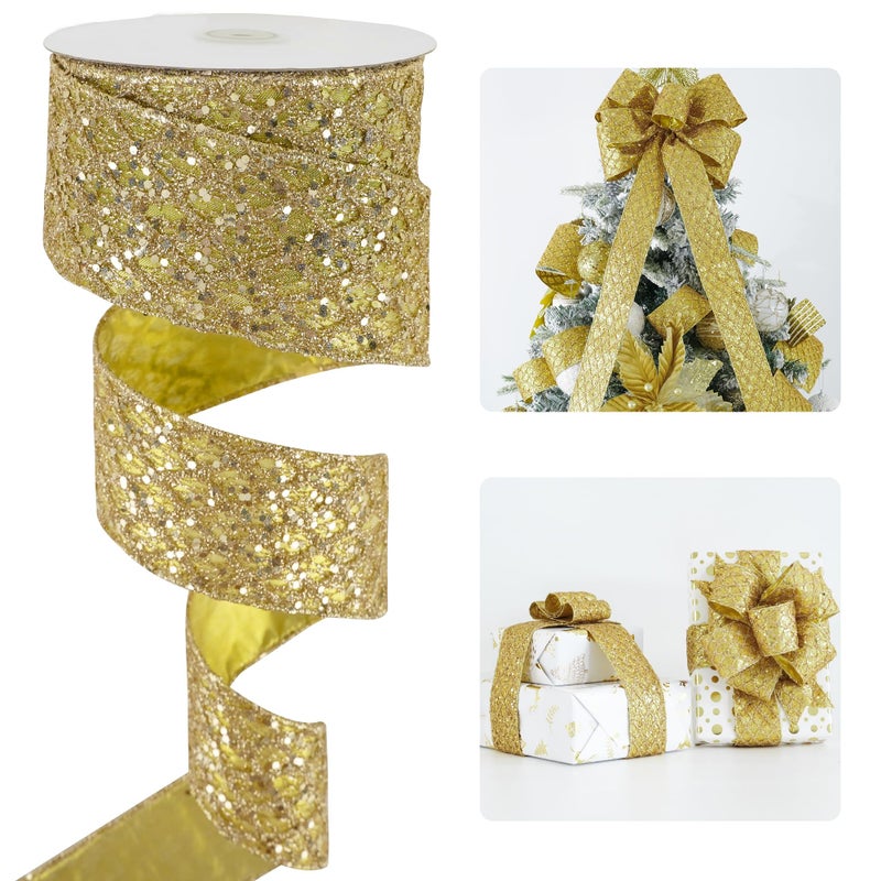 HUIHUANG Gold Glitter Wired Ribbon for Christmas Tree 25 inch Gold Diamond Mesh Ribbon for Tree Decoration Wreaths Garland Gift Wrapping Large Bows Making Home Decor 10 Yards - Image 2