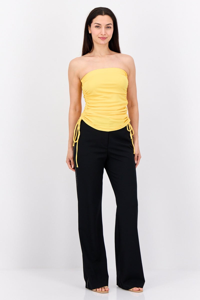 Bershka Women Straight Across Strapless Ruched Top, Yellow  - Image 4
