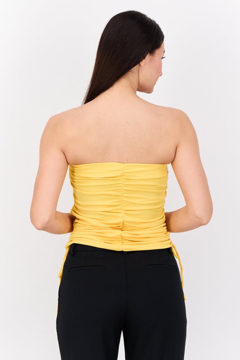 Bershka Women Straight Across Strapless Ruched Top, Yellow  - Image 3