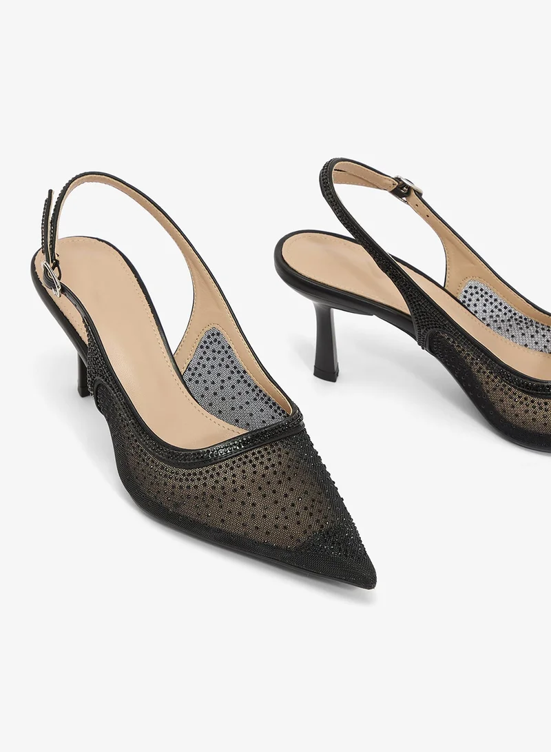 Ella Limited Edition Black Rhinestone Detail Mesh Sling Back Pumps for Women | Best Price UAE